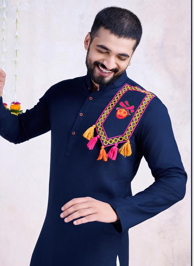 Rayon Navy Blue Navratri Wear Embroidery Work Readymade Kurta